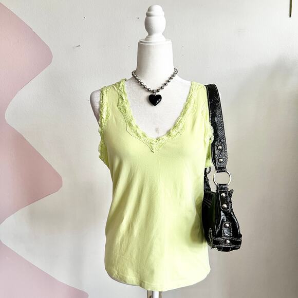 Lime Green Lace Trim Tank‎ Top, Y2K Summer Festival Coquette 2000s Retro Large - Picture 1 of 6